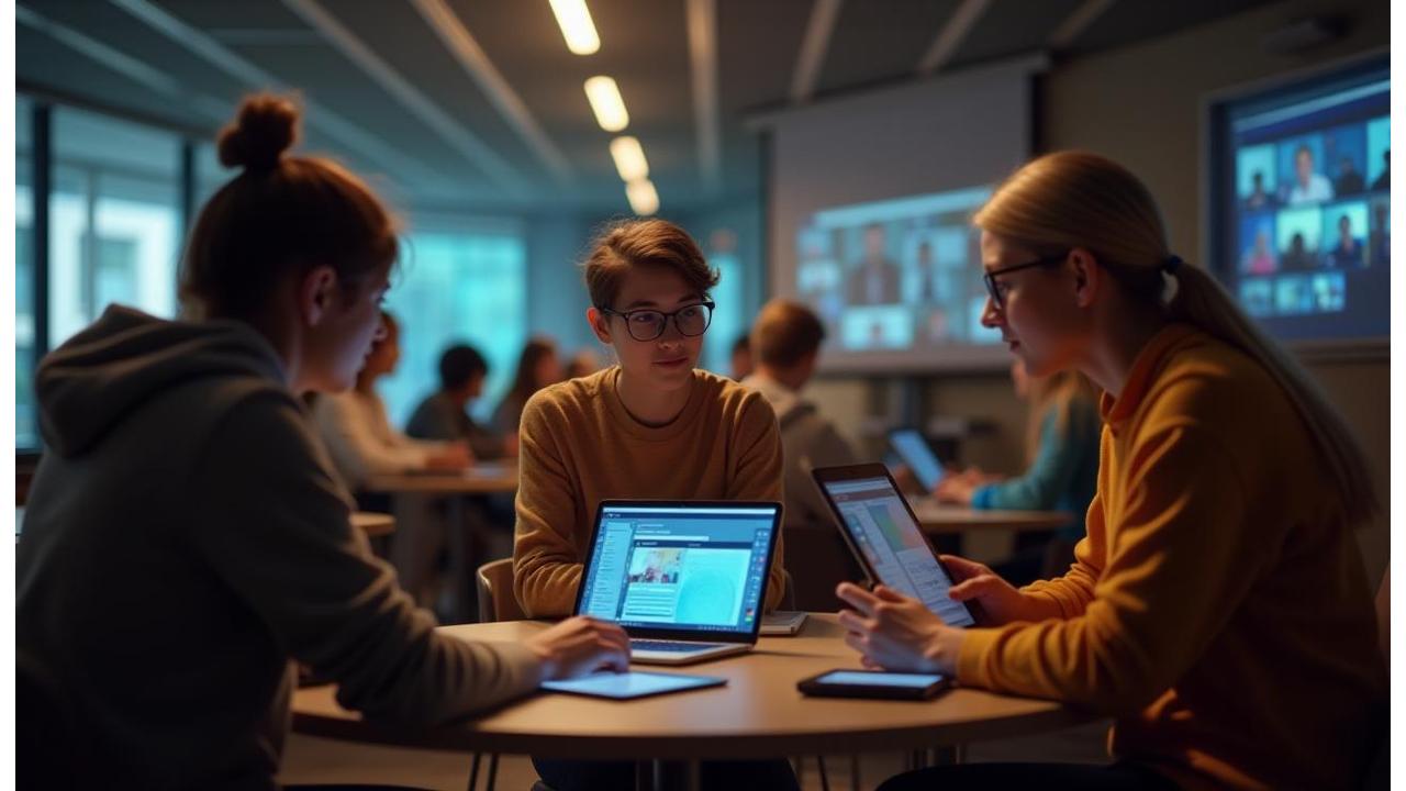 Studenten die samenwerken in een modern virtueel klaslokaal op laptops en tablets